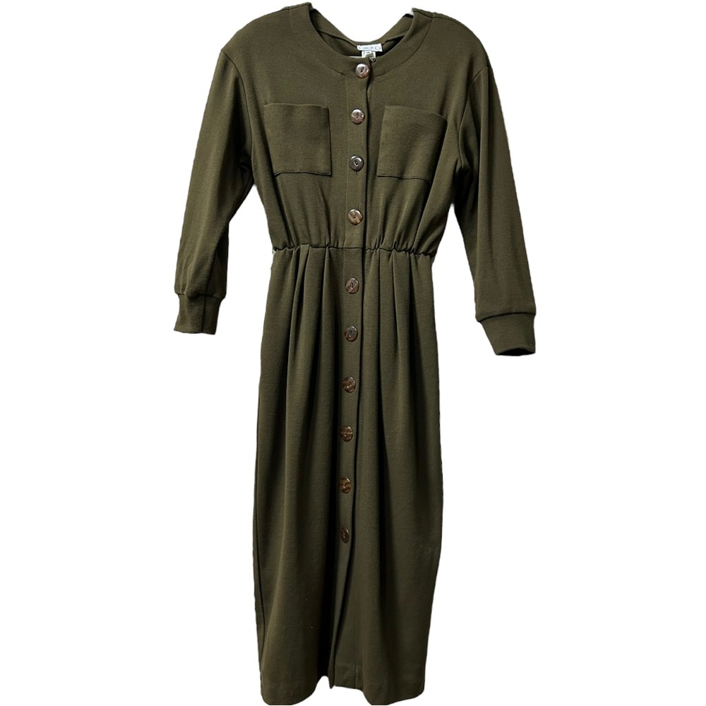 Expo Women’s Vintage Olive Green Button Down Long‎ Sleeve Dress   Sz 12